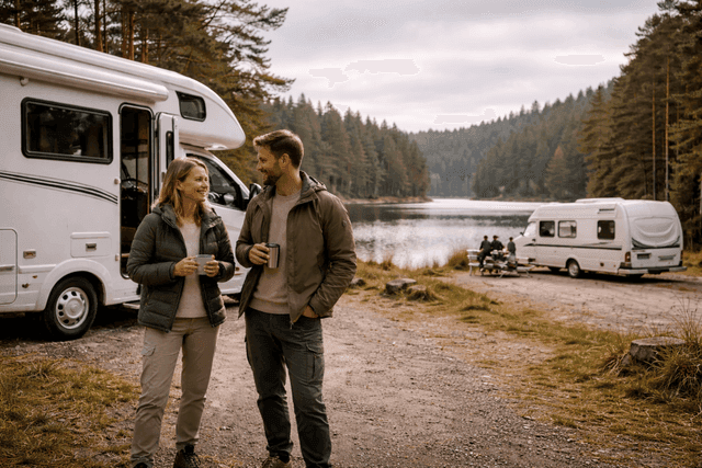 par utenfor en bobil ved vannet