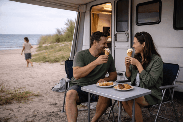 Par som sitter utenfor campingvogn og spiser is