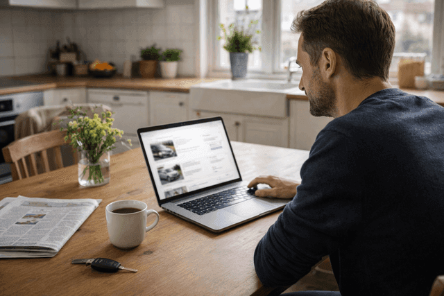 mann ser på bilannonser på pc